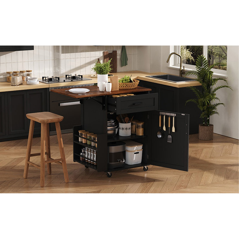39.3" Farmhouse Kitchen Island With Drop Leaf, Kitchen Storage Island With Open Side Rack, One Drawer, Towel Rack, Rolling Kitchen Cart With Lockable Wheels For Lawn Garden, Black