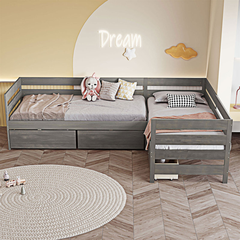 Lit plateforme simple en L avec tiroirs, gris