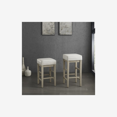 Transitional White Faux Leather Seat 24-inch Counter Height Stools Set of 2, White Finish Solid Wood Frame