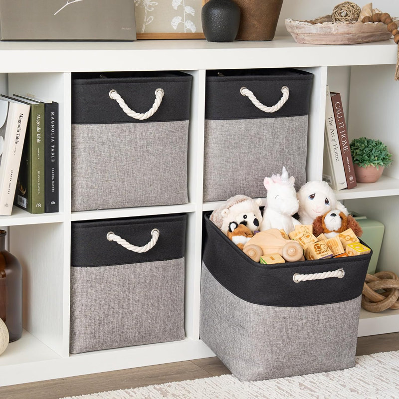 4 PCS Foldable 33x33 CM Cube Organiser Bins with Handles,Fabric Storage Boxes for Toys,Clothes,Beige, Grey