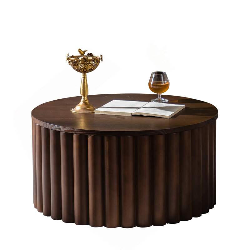 Table basse ronde avec piédestal robuste en relief fabriqué à la main, table à thé en bois pour le salon, Noyer
