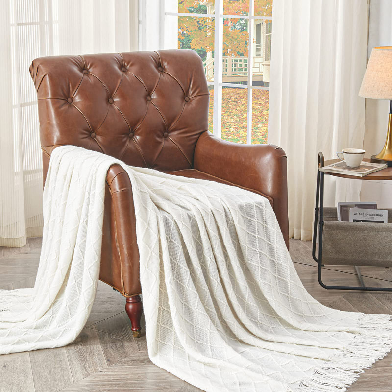 Knitted Blanket with Tassel Trim, Off White