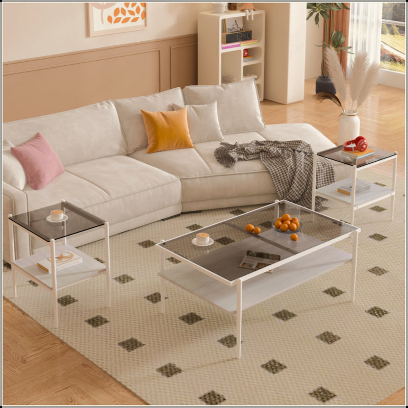 Ensemble de 3 tables basses et tables de bout, table en verre trempé avec panneau de fibres à densité moyenne, tables modernes pour le salon, verre gris