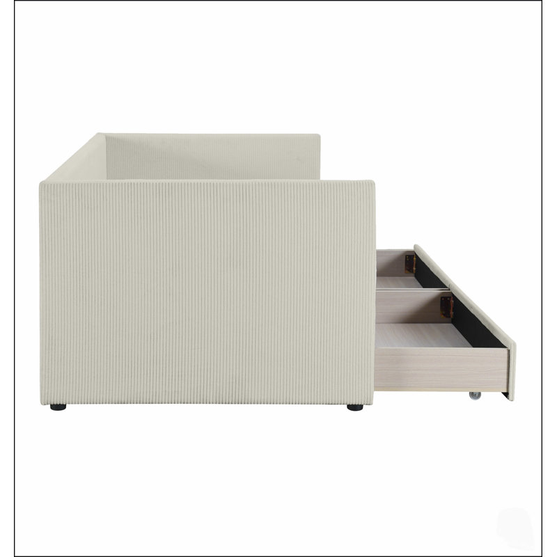 Banquette-lit en velours côtelé avec deux tiroirs et sommier à lattes en bois, idéal pour les chambres d'amis et le rangement supplémentaire.