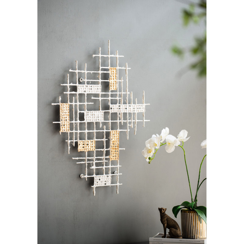 Décoration murale géométrique - 31,7 x 1,6 x 23,6 po, blanc et or, style maison moderne 31,7 x 1,6 x 23,6 po