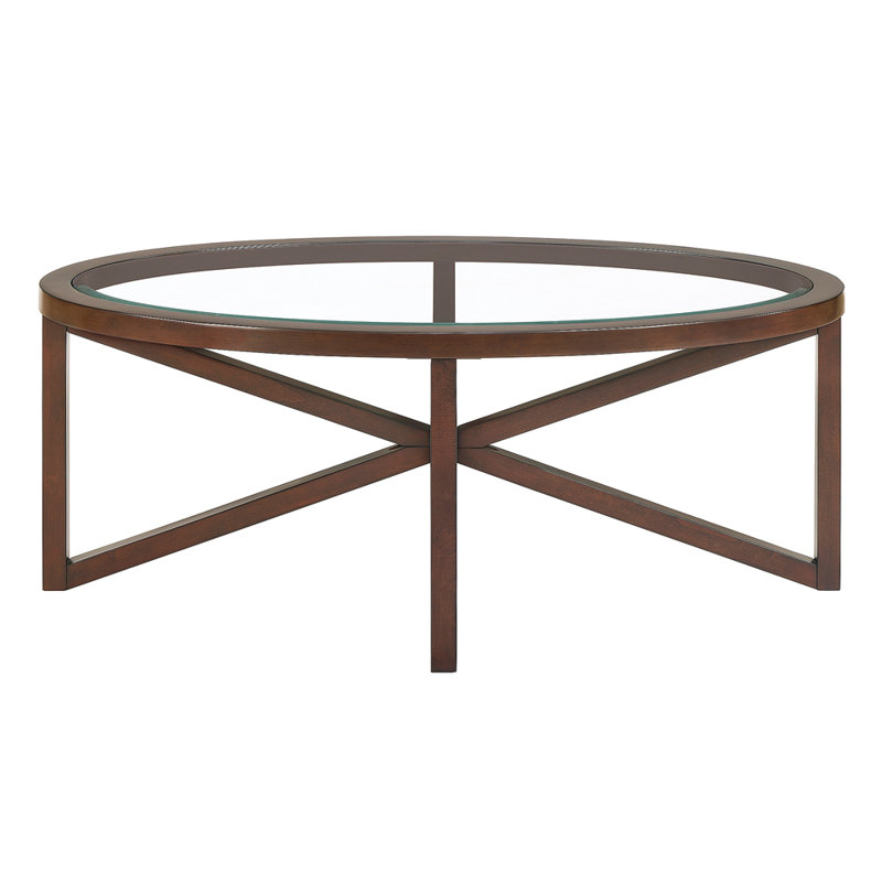Wood 28.34"oval coffee table with glass top, Cherry, Black