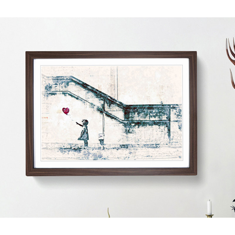 There Is Always Hope Girl with Red Balloon by Banksy in Abstract - Wall Art, 63cm H x 87cm W x 2cm D, Dark Brown Paper