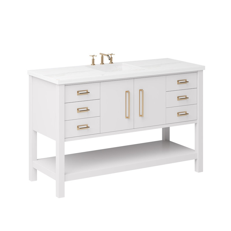 Kiawah Single Extra Wide Bath Vanity, Strong White, Satin Gold, 60"