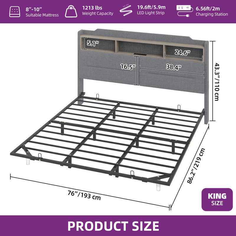 Upholstered Platform Storage Bed with LED Lights, King, Grey