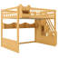 Lit mezzanine en bois avec escalier et garde-robe, tablettes de rangement et espace sous le lit-1726972307