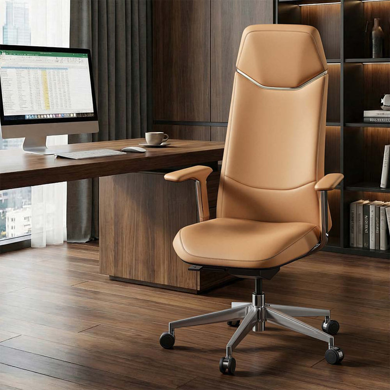 Genuine Leather Executive Chair, Swivel Ergonomic Office Chair, High Back Desk Chair with Tilt Reclining, Aluminum Alloy Base, Adjustable Height