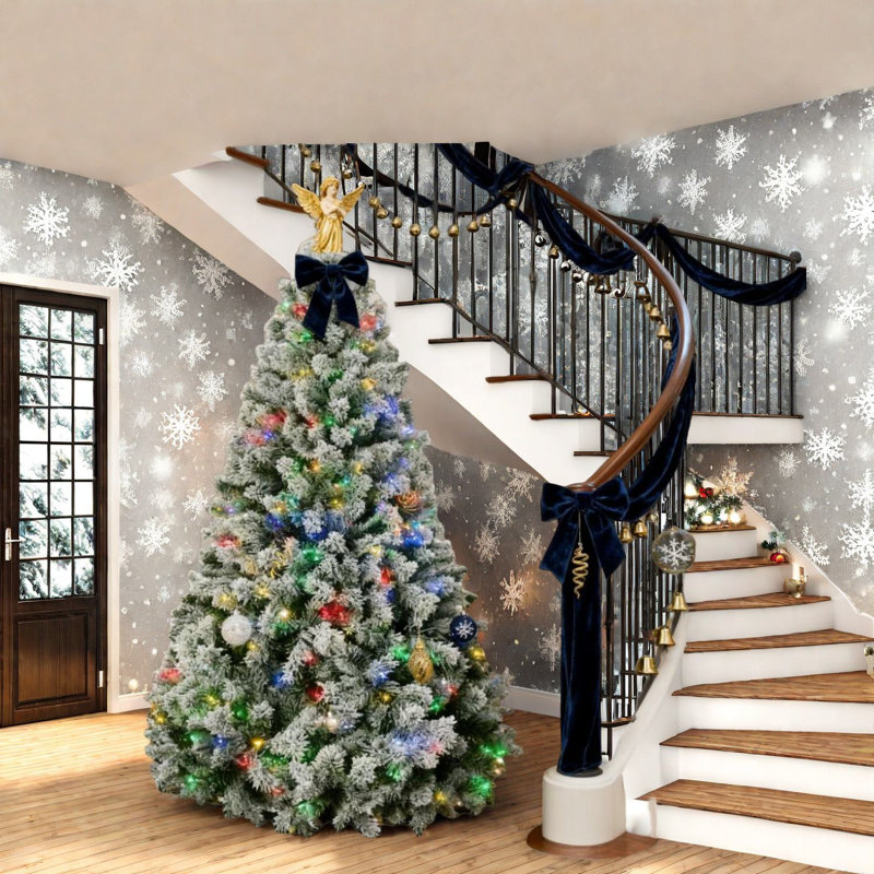 Arbres de Noël modernes avec base en acier, lumières DEL, 7,5 pi givré