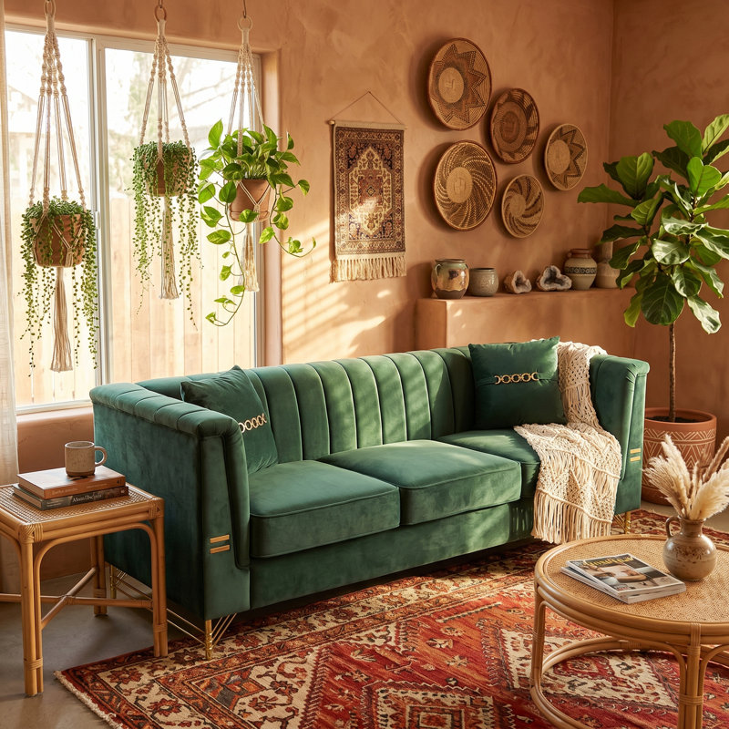 Eugeniu 83.46'' Velvet Sofa, Green Velvet