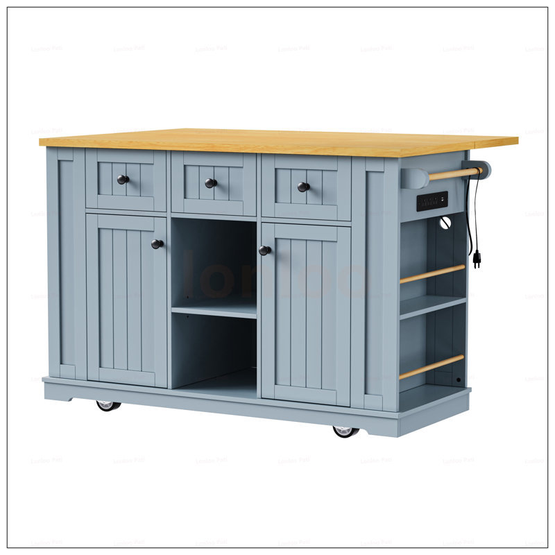 Large Kitchen Island With Storage, Power Outlet, And 2 Bar Stools On 5 Wheels For Enhanced Mobility And Functionality