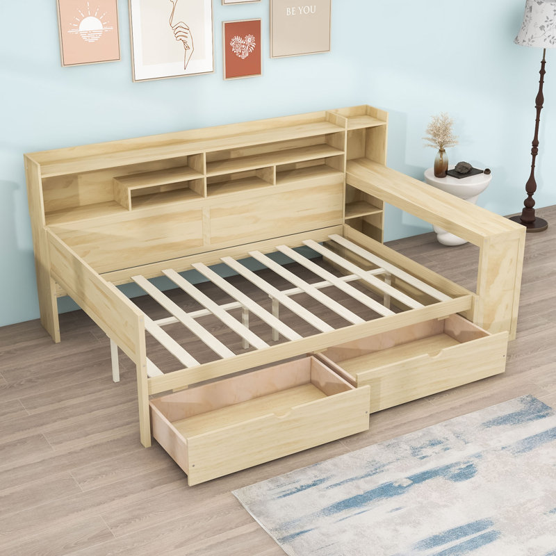 Wood 2 Drawers Daybed with Built-in Desk and Storage Shelves, Natural, Full / Double