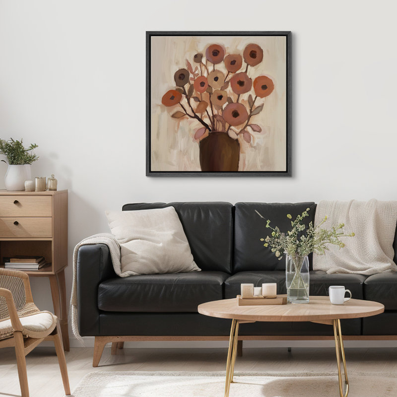 Plante botanique abstraite brune dans le vase, Cadre flottant noir, H 16 po x l 16 po