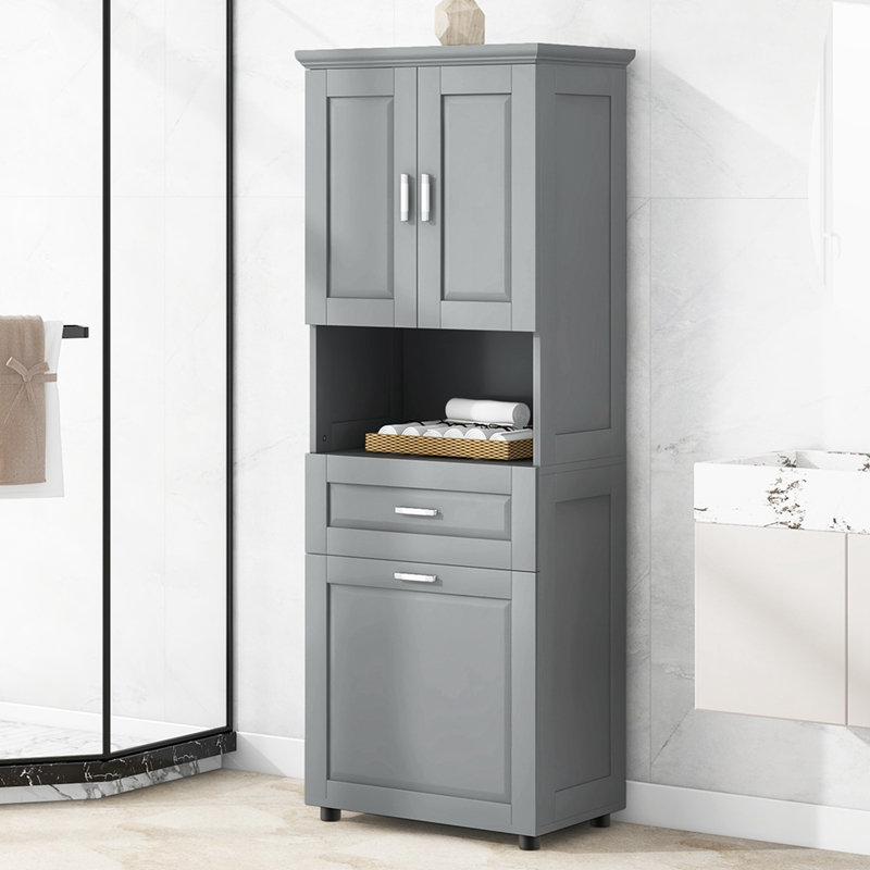 Tall Bathroom Cabinet with Laundry Basket, Gray