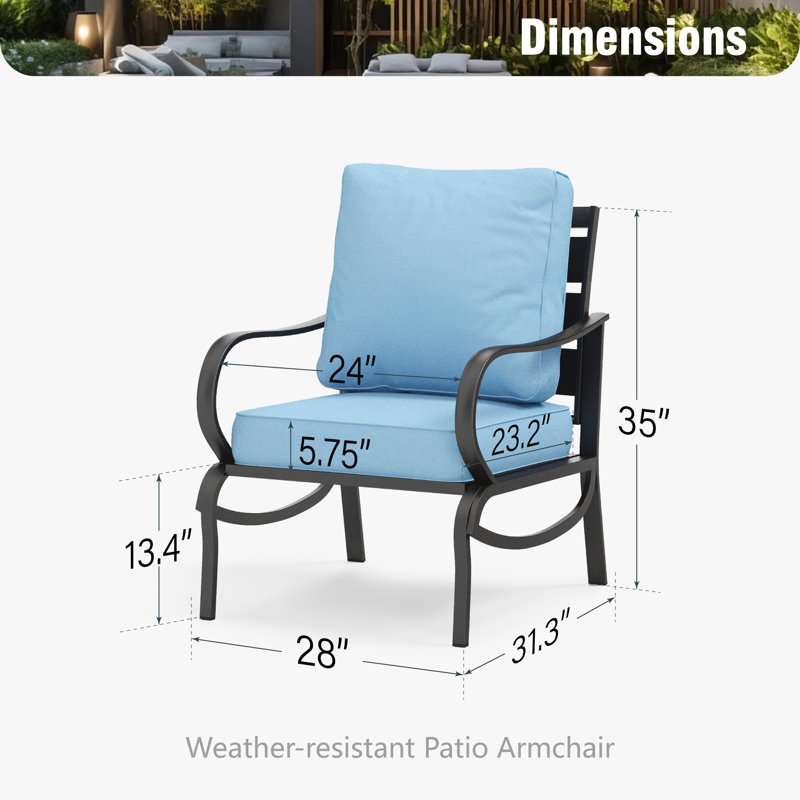 Argirios Metal Patio Chair with Cushions(Set of 2), Blue