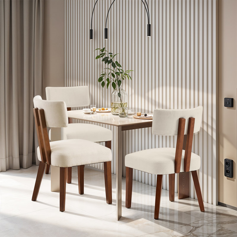 Mid Century Linen Upholstered Dining Chair With Wood Legs, 2