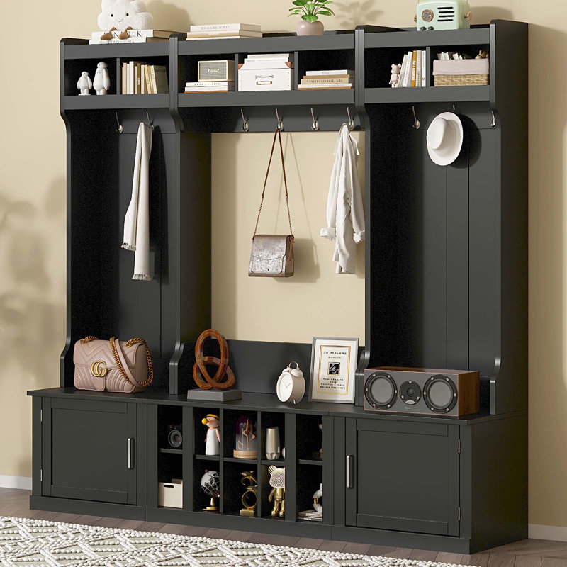 Wide Design Hall Tree with Storage and Bench, 4-IN-1 Multi-functional Entryway Bench with Coat Rack and Shoe Cubbies, Practical Furniture for Hallway