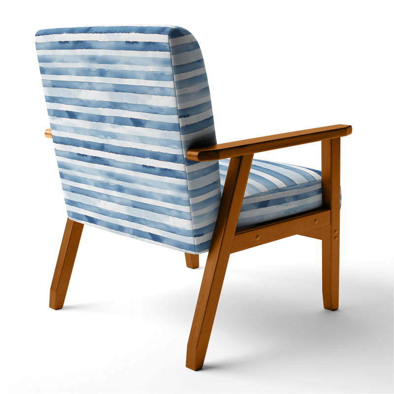 Chaise d'appoint rayée - Fauteuil rayé bleu et blanc clair de lune, Accoudoirs carrés bruns
