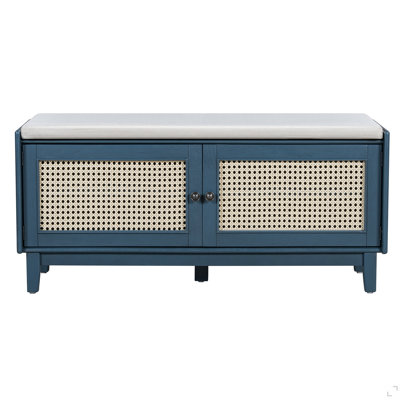 Boho Rattan Entryway Bench With Storage, Cushioned Shoe Bench With Double Doors, Wooden Shoe Organizer Bench For Entryway And Hallway