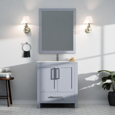 30 po Avec meuble-lavabo gris foncé P 22 po, miroir 28 po, un tiroir de rangement intérieur et une armoire ouverte