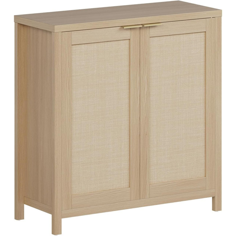 Rattan Sideboard Buffet Storage Cabinet, Console Table With Adjustable Shelves And Metal Handles, Yellow