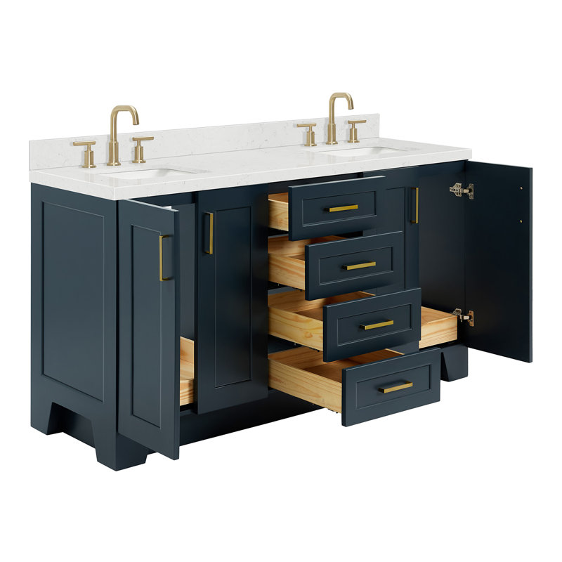 Meuble-lavabo double en bois massif Freitas, Forme rectangulaire, Bleu minuit, Quartz de Carrare
