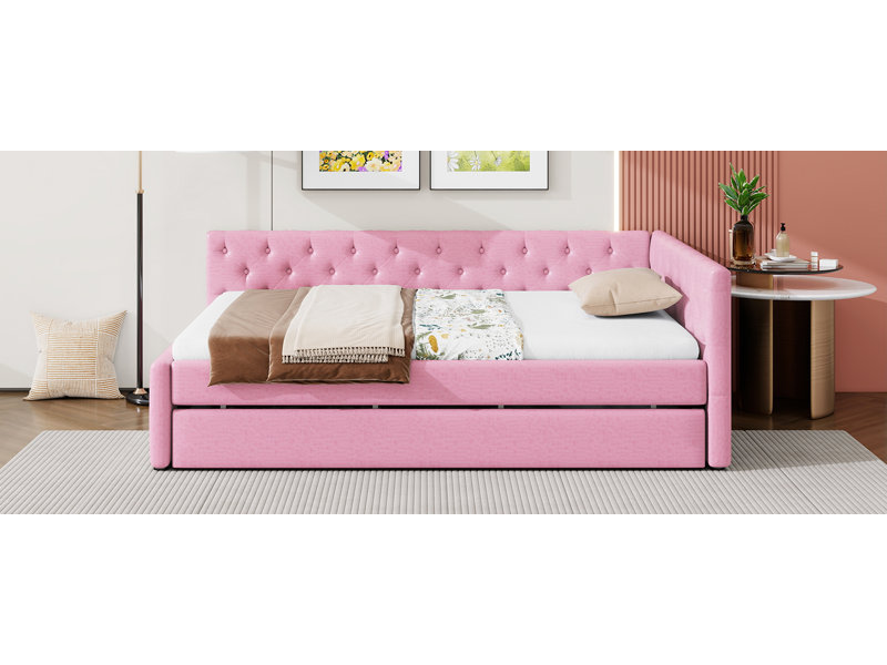 Lit plateforme tapissier capitonné de taille XL avec lit gigogne XL, Rose
