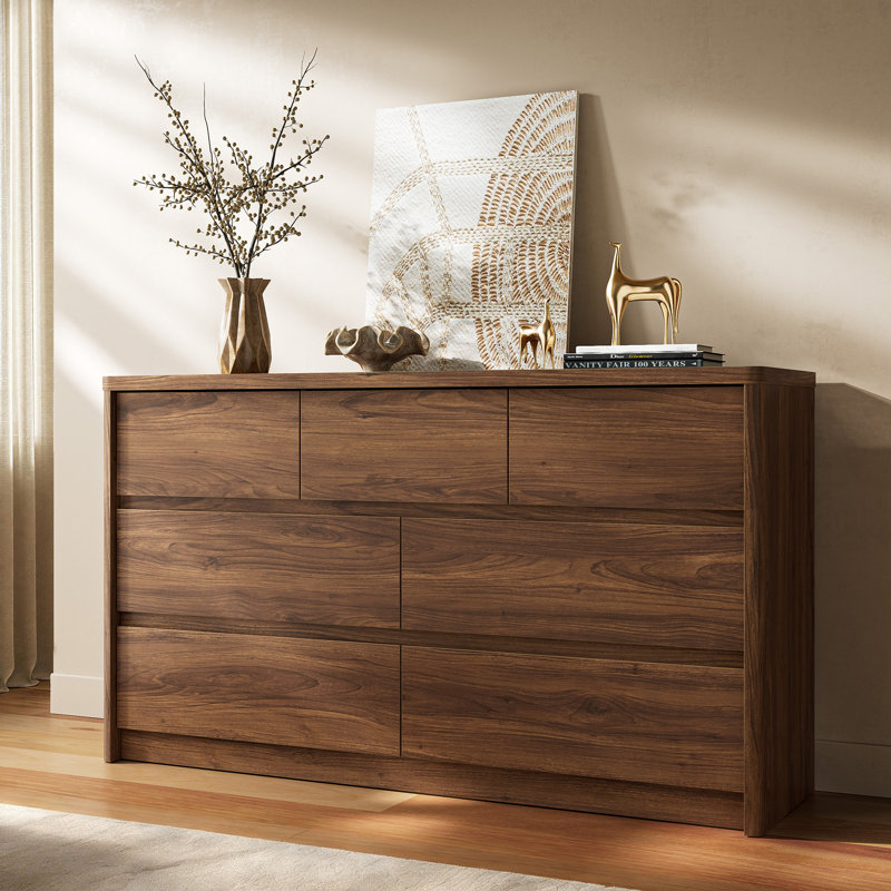  7 Drawer Walnut Dresser For Bedroom, 55" Wide Modern Chest Of Drawers With 7 Large Storage Space With Curved Edge Design, Large Dresser For Bedroom,Walnut