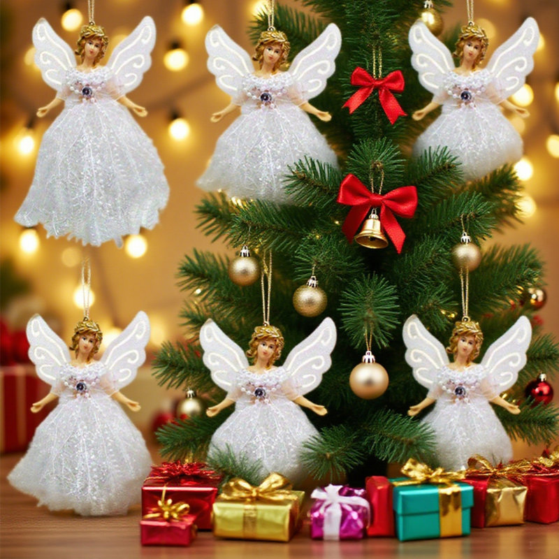 6 pièces de décoration d'ange de Noël mignon avec corde suspendue, décoration d'arbre de Noël portable