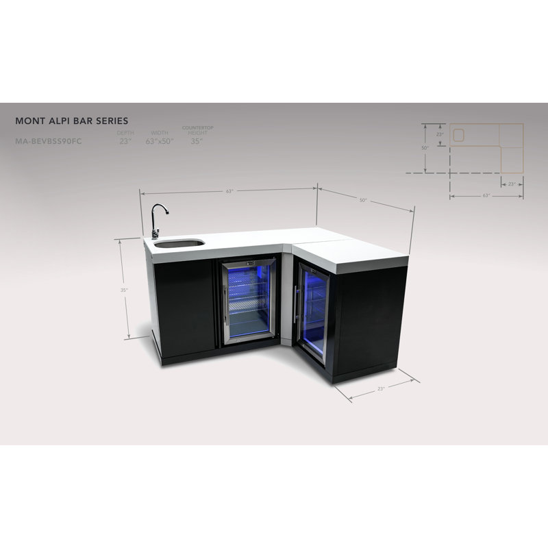 Mont Alpi Ma-bevbss90fc Bar Series 90 Degree Corner Black Stainless Steel Double Outdoor Rated Refrigerator Wine Cooler Beverage Center Granite Countertops With Blue Led Lighting + Faucet & Sink