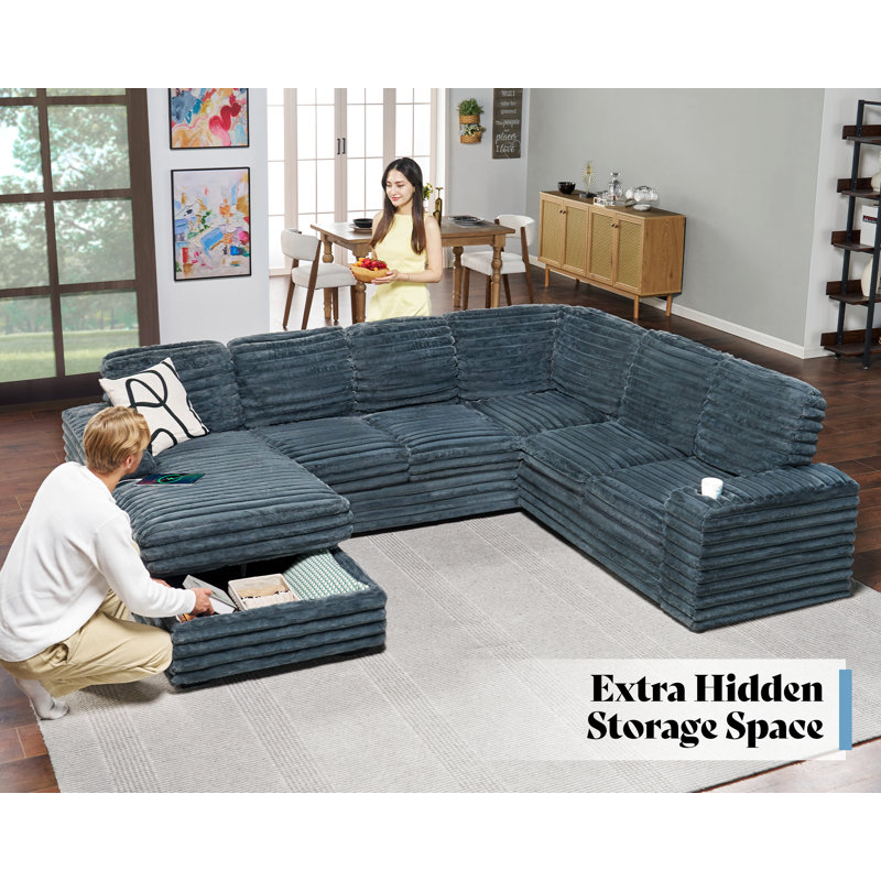 Glendora 112'' Sectional Sofa with USB Charging, Chaise Storage & Cup Holders, Gray Faux Fur