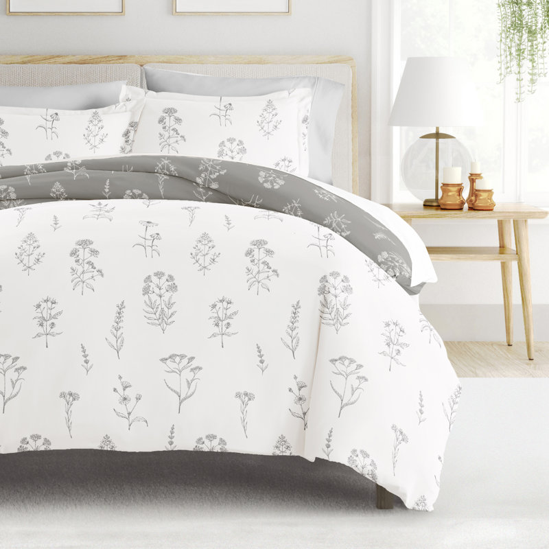 8-Piece Reversible Bedding Bundle - Patterned Duvet Cover, Comforter Insert and Solid Sheet Set, Light Gray Floral