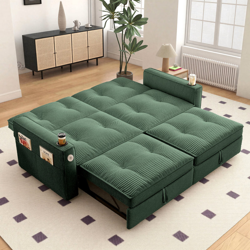 73" Queen Square Arms Tufted Back Convertible Sleeper Sofa with Cushions for living rooms, Green