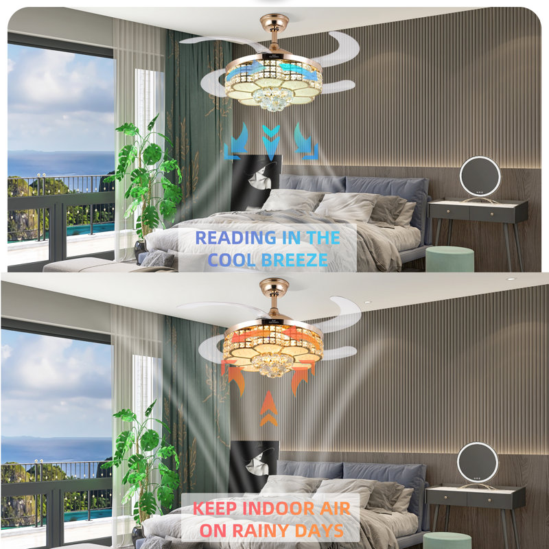 Ventilateur de plafond rétractable BAYSQUIRREL 42 po avec cristaux RVB, lumière, télécommande et haut-parleur Bluetooth, Doré