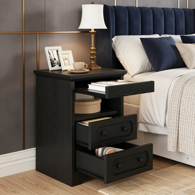 Modern Nightstand With 2 Drawers And Pull Out Tray, Side Table With Open Shelf, End Table For Bedroom, Living Room