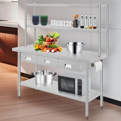 24" Stainless Steel Table With Overshelves And 3 Drawers, Nsf Work Table Shelf Drawers, Metal Table Prep Table For Home Kitchen Restaurant Garage Warehouse