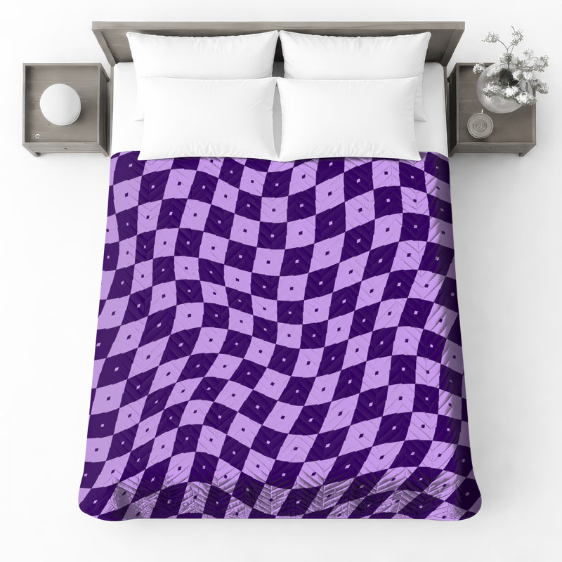 Purple Checkered Waves Quilted Bedspread All Sizes, Full / Double