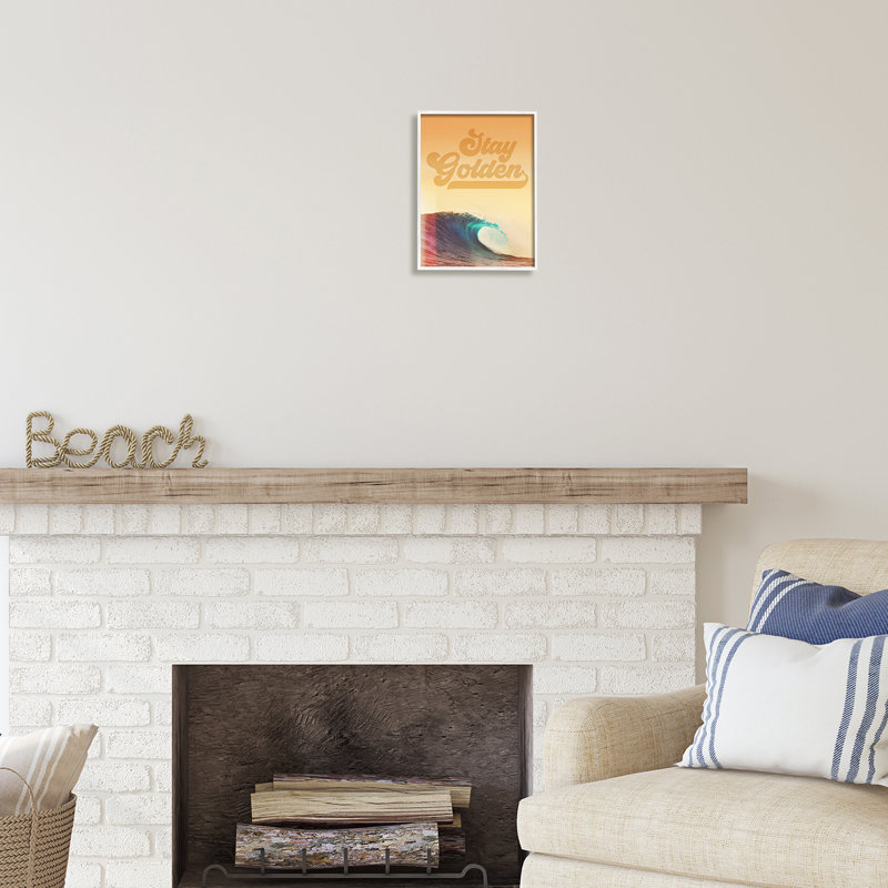 Stay Golden Beach, vagues sur bois, impression, H 14 po x l 11 po x P 1,5 po, Giclée encadrée blanc bord de mer