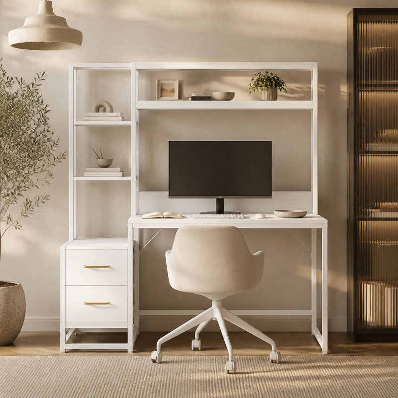 Bureau 55 po avec 2 tiroirs et huche, Blanc