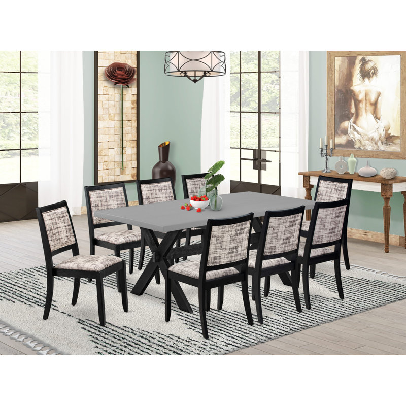 9-piece modern kitchen set consists of a wooden table with tabletop and 8 stackable chairs with White and Gray Pattern Polyester Fabric - Wire-brushed Black