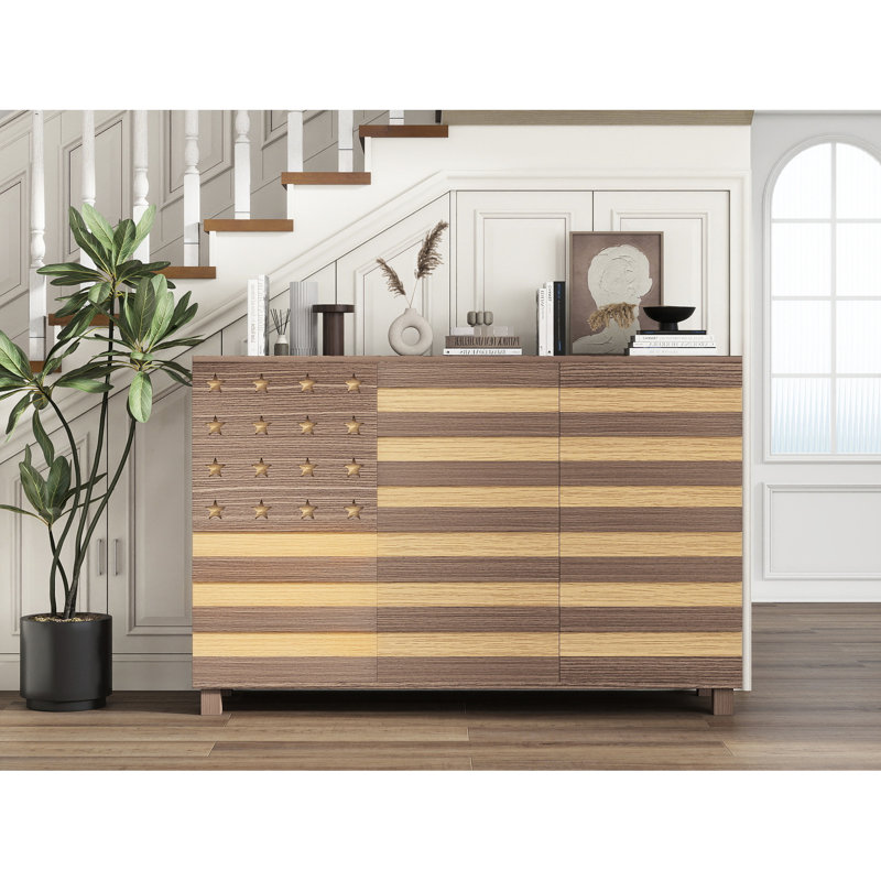 Buffet de 55 pouces pour la cuisine et le salon, conception à la main, 2 tiroirs, 3 portes, tablette réglable, fonction café, protection contre les pointes, poids de 200 livres, barre de rangement brune et jaune, détails,