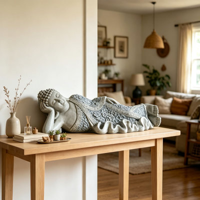 29" Reclining Buddha Statue, Vintage Blue Porcelain Pattern Resin Buddha Sculpture, Zen Meditation Decor Figurine for Asian Home, Tea Room, Bedroom, Altar Table & Indoor Display 