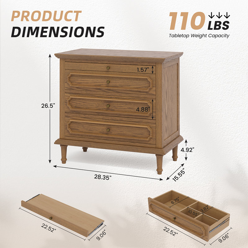 28" Wide Traditional Nightstand - 3 Drawers, Built-In USB Charging Station & Pull-Out Tray, Solid Wood Bedside Table, Fully Assembled