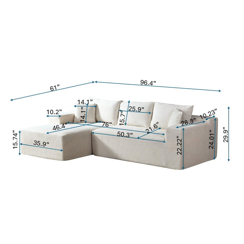 2 canapés modulaires en L convertibles en velours côtelé beige, 3, à profil bas, compressés, avec coussins pour la maison