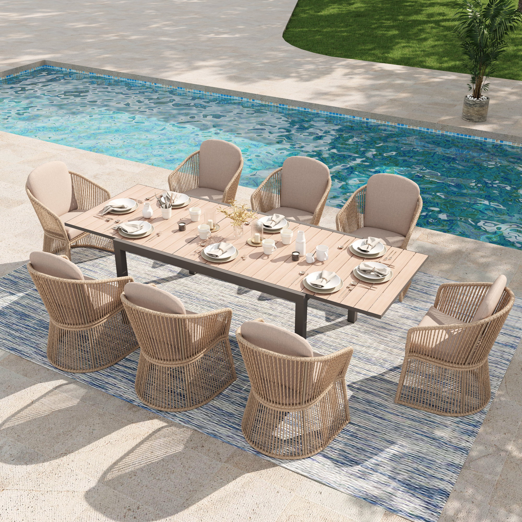 8 - Person Rectangular Outdoor Dining Set With Cushions, Beige