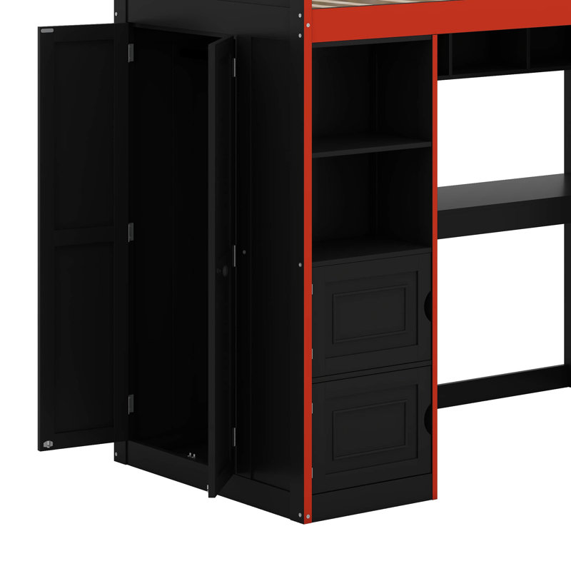 Lit mezzanine de jeu avec lumières DEL, bureau et rangement, bibliothèque et tablettes ouvertes, Lit simple