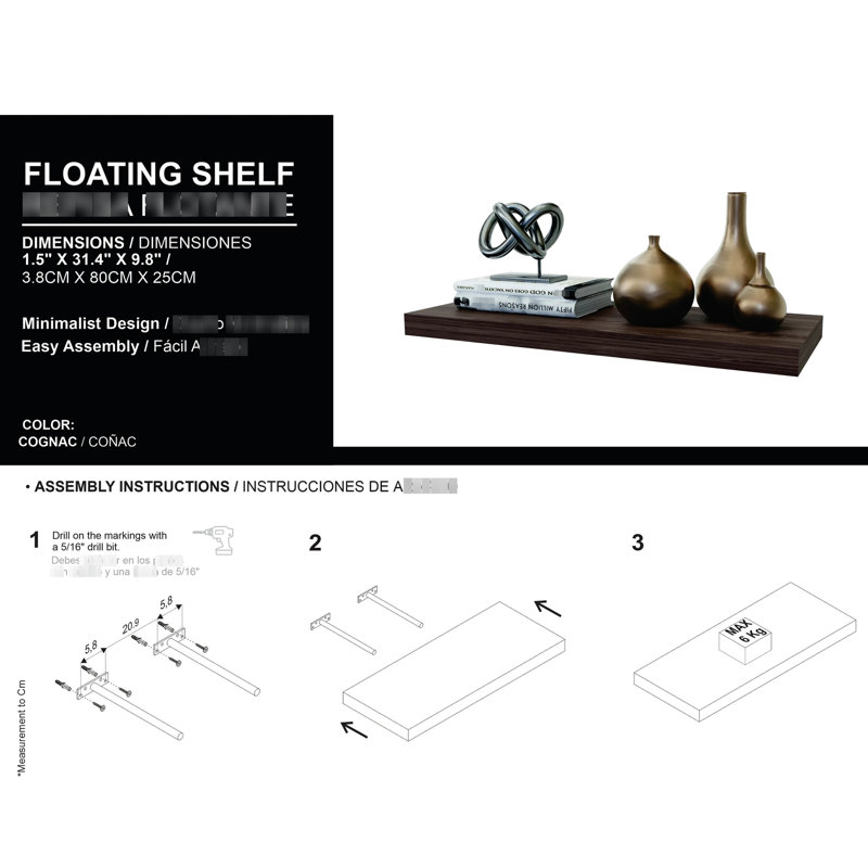 Cognac Wall Mounted Shelf - 31.5" Wide, Ample Space For Home Living Area Decor Contemporary Style, Cognac
